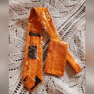 NWT Hisdern Bright Orange Modern Patterned Tie and Pocket Square Set